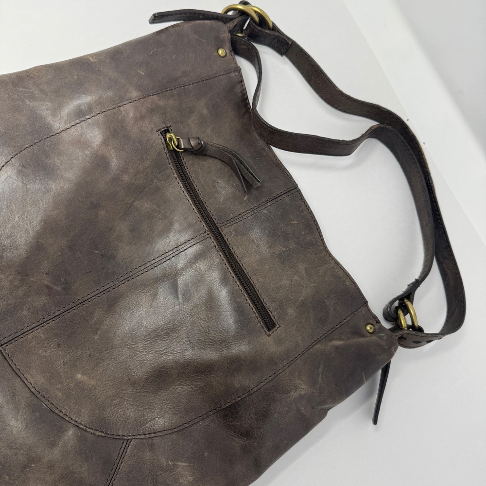 Nino Bossi Brown Distressed Genuine Leather Hobo Shoulder Bag Floral Lining